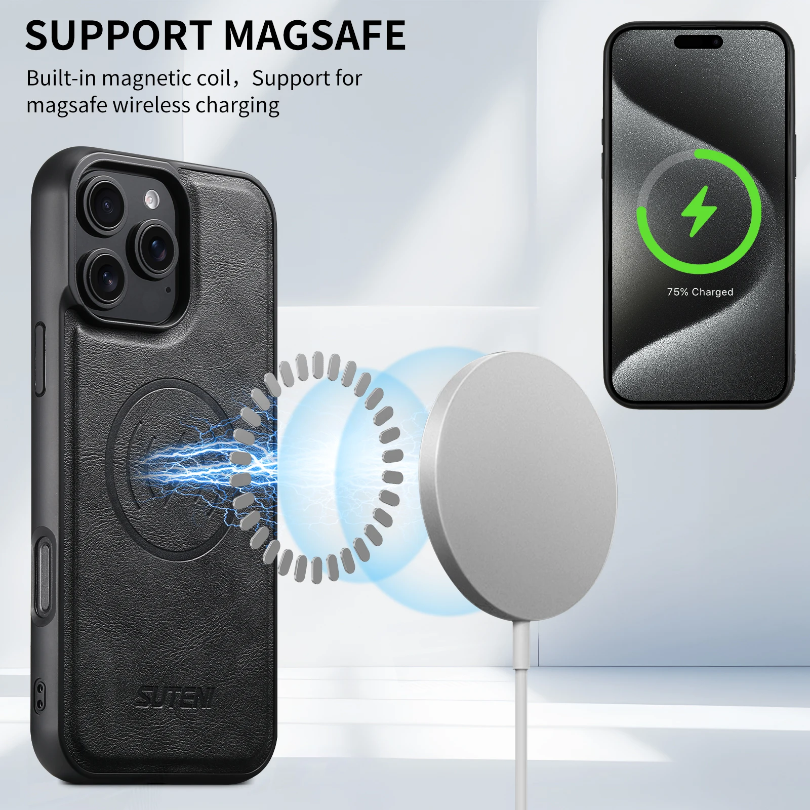 SUTENI Mattierte Kunstleder-Handyhülle mit Magnet und kabelloser Ladefunktion für iPhone 18 Pro Max 17 Air 16 Plus 15 14 Pro 13 12 – Detail 4