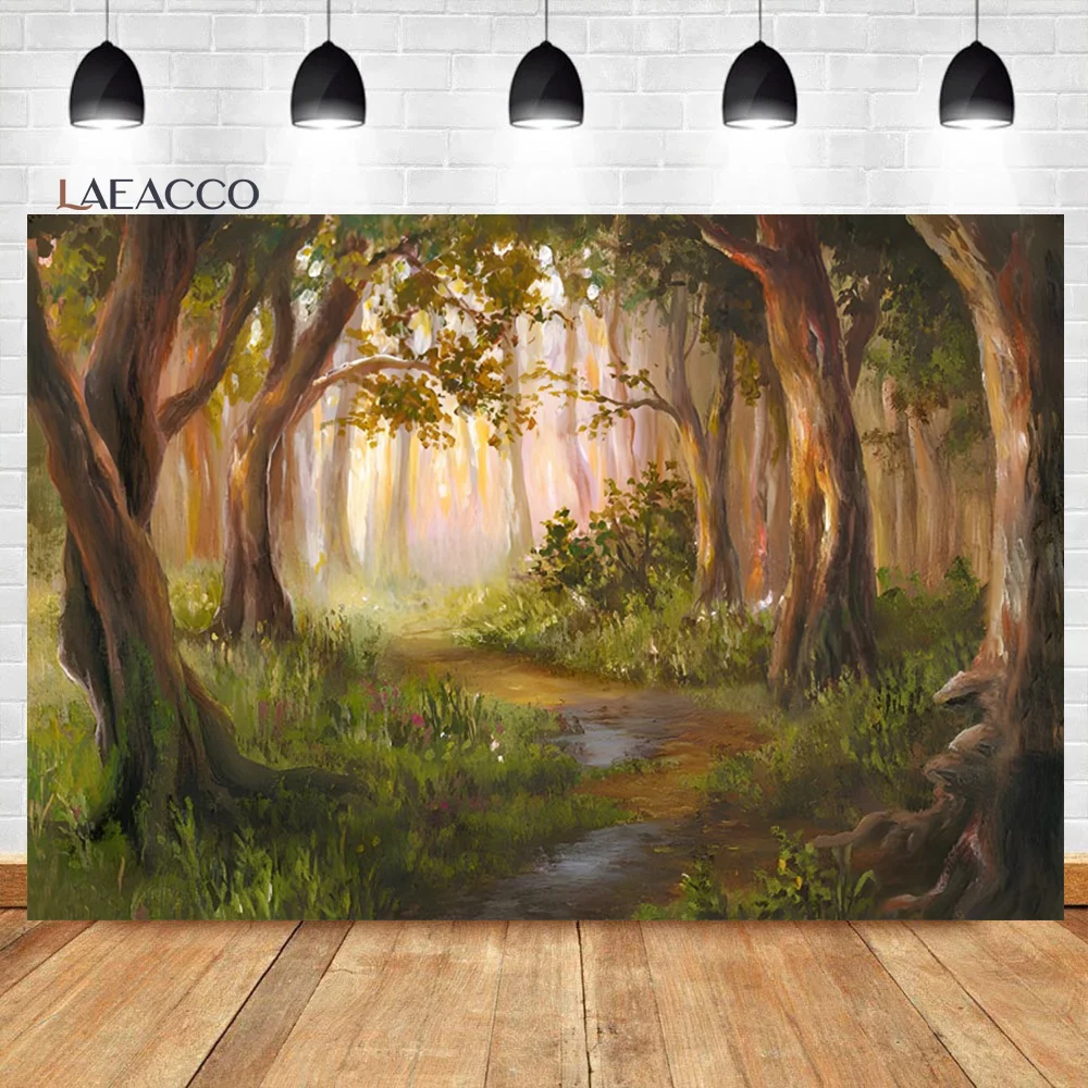 

Laeacco Fairytale Tropical Jungle Forest Backdrop Oil Style Painting Garden Baby Shower Birthday Portrait Photography Background