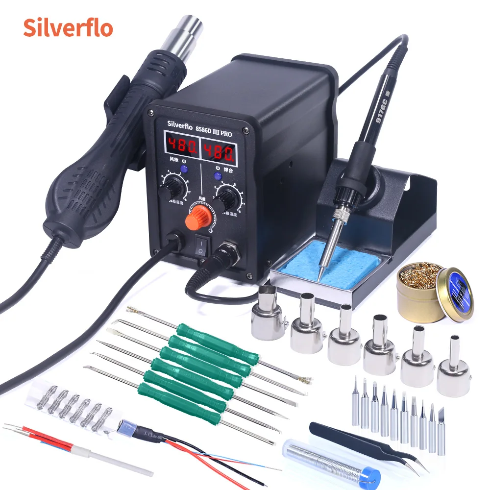 Silverflo 8586D-IIIPRO Soldering Station 2 in 1 Hot Air Gun Soldering Iron Welding Rework Station for BGA SMD IC Repair