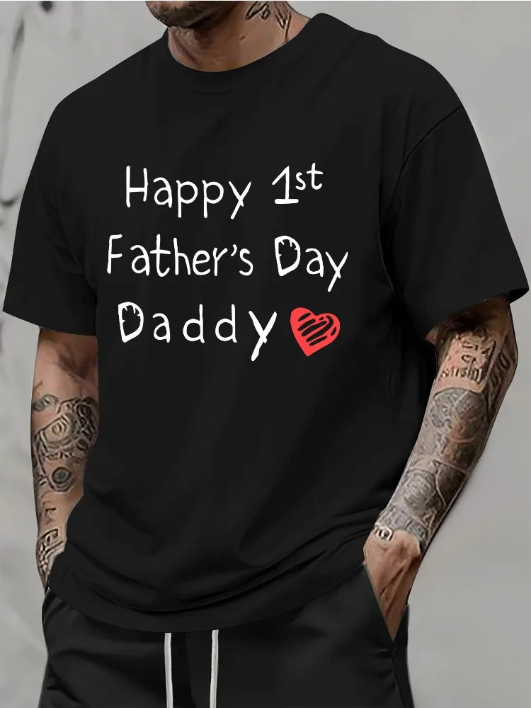Mens Trendy Summer Crew Neck Tee Simple First Fathers Day Daddy Text Red Palm Heart Graphic Soft Breathable Loose Fit Top