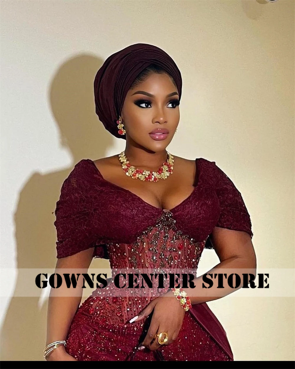 Unique Burgundy Beaded Aso ebi Evening Dresses 2024 African Wedding Reception Dress African Formal Prom Gowns Customized