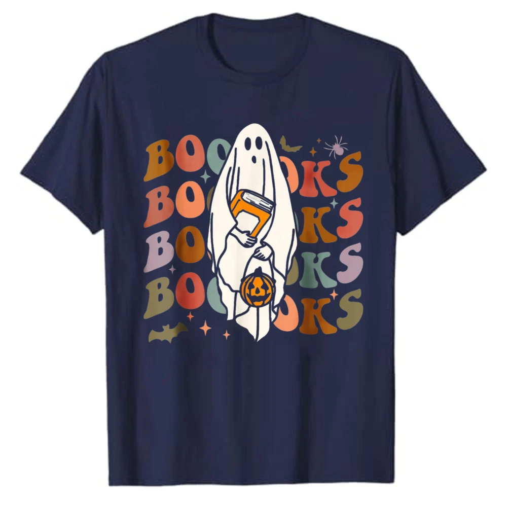 Retro Groovy Booooks Reading Ghost Pumpkin Bat Spider Graphic T‑Shirt Colorful Halloween Book Lover Print Tees Casual Cotton Top