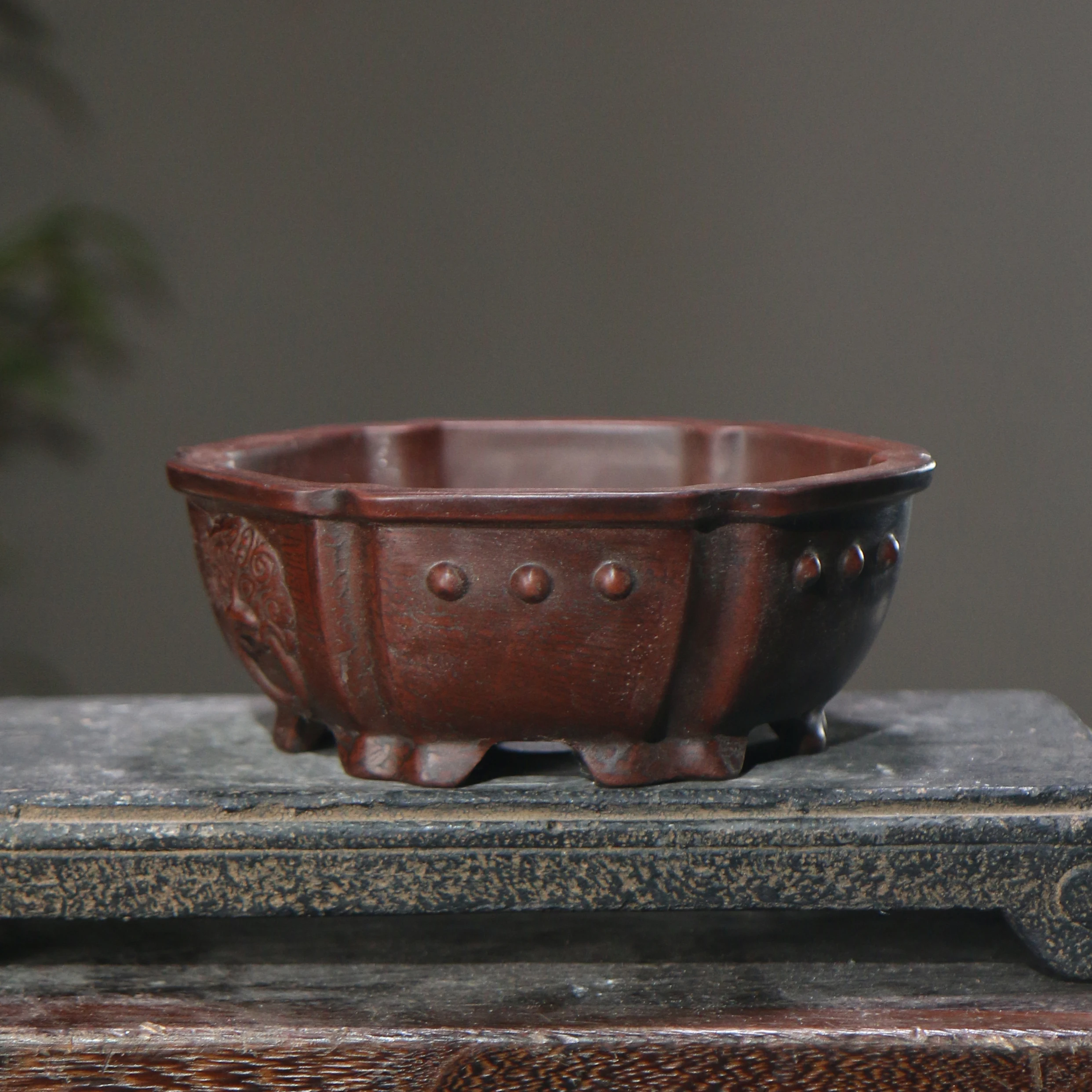 Chinese Ancient Style Purple Sand Flower Pot Ceramic Bonsai Pot Six-Sided Flower Pot Home Decorative Flower Pot With Hole 1PCS