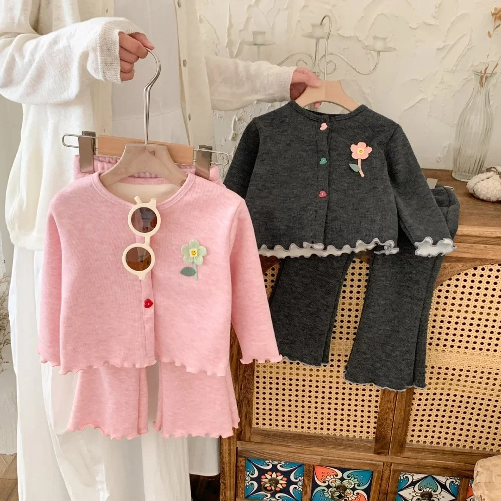 Bear Leader Korean Version Solid Color Girls' Set Spring and Autumn New Long Sleeved 3D Flower Decoration Cardigan Top+Pants