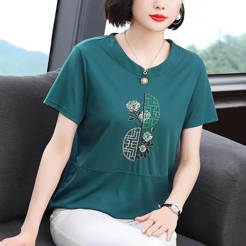 Women Summer Fashion Loose Temperament Embroidered Cotton O-neck Short Sleeve T-Shirt Ladies Casual Large Size Appear Thin Tops