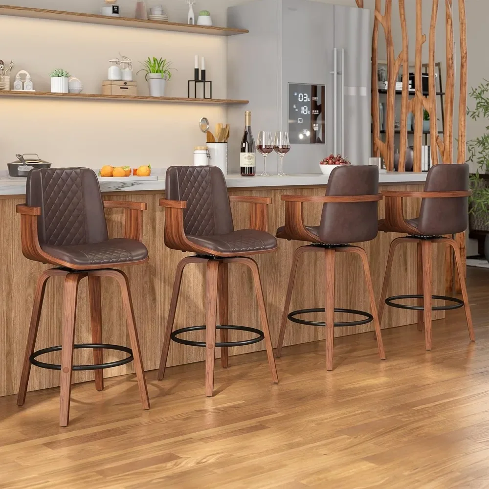 For Swivel Bar Stools Set of 3, 26" Counter Height Barstools with Wood Legs and Backs, Upholstered PU Leather Bentwood Frame Bar