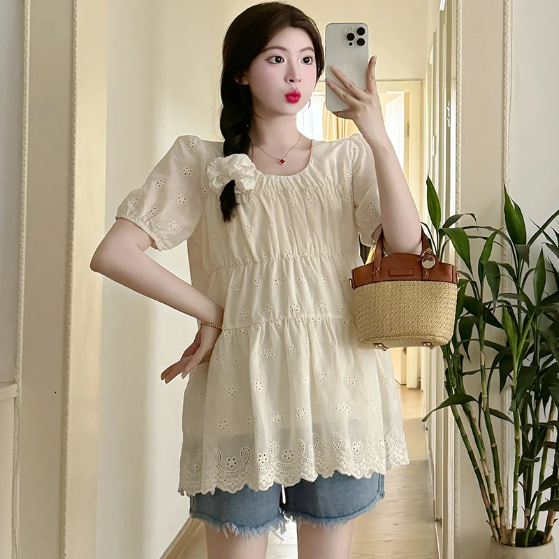 Korean Style Summer Pregnant Women's Fashion Tees Shirts Long Loose Embroidered Top Sweet Maternity Ball Gown Blouses Beige