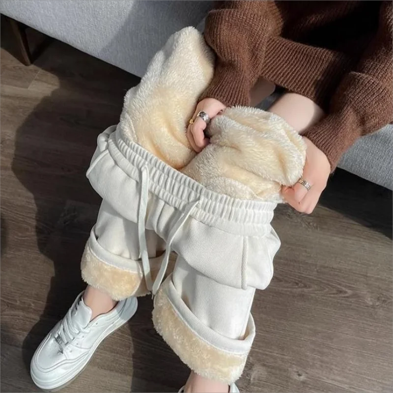 Baggy Fleece Lined Warm Straight Pants Elastic High Waist Women New Snow Wear Pantalones Thick Plush Fluff Casual pants