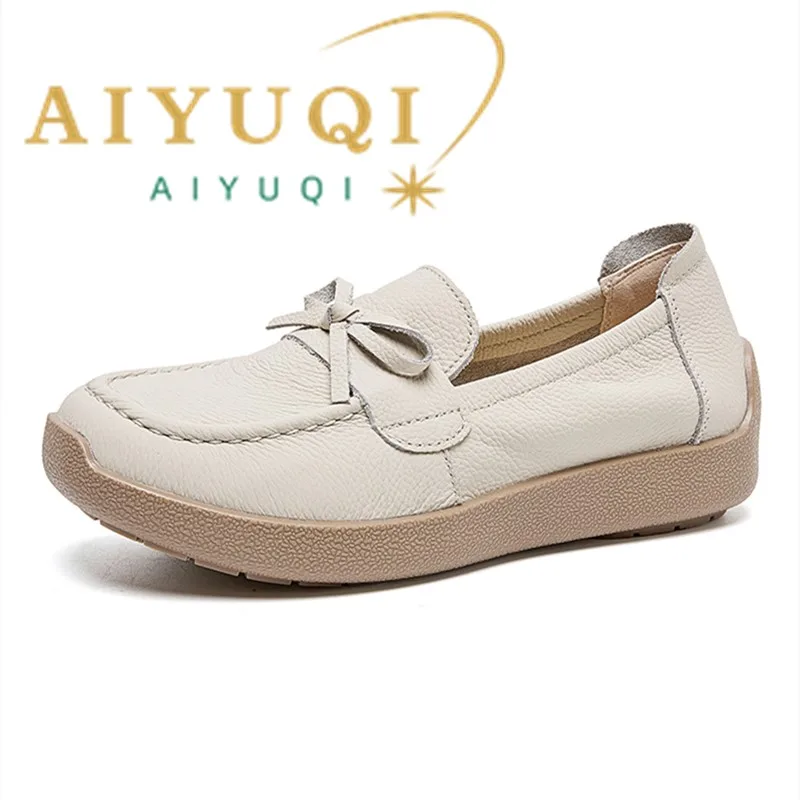 AIYUQI Women Bow Genuine Leather Loafers Slipon Platform Women Flat Shoes Mother Shoes Ladies Casual Walking Moccasins