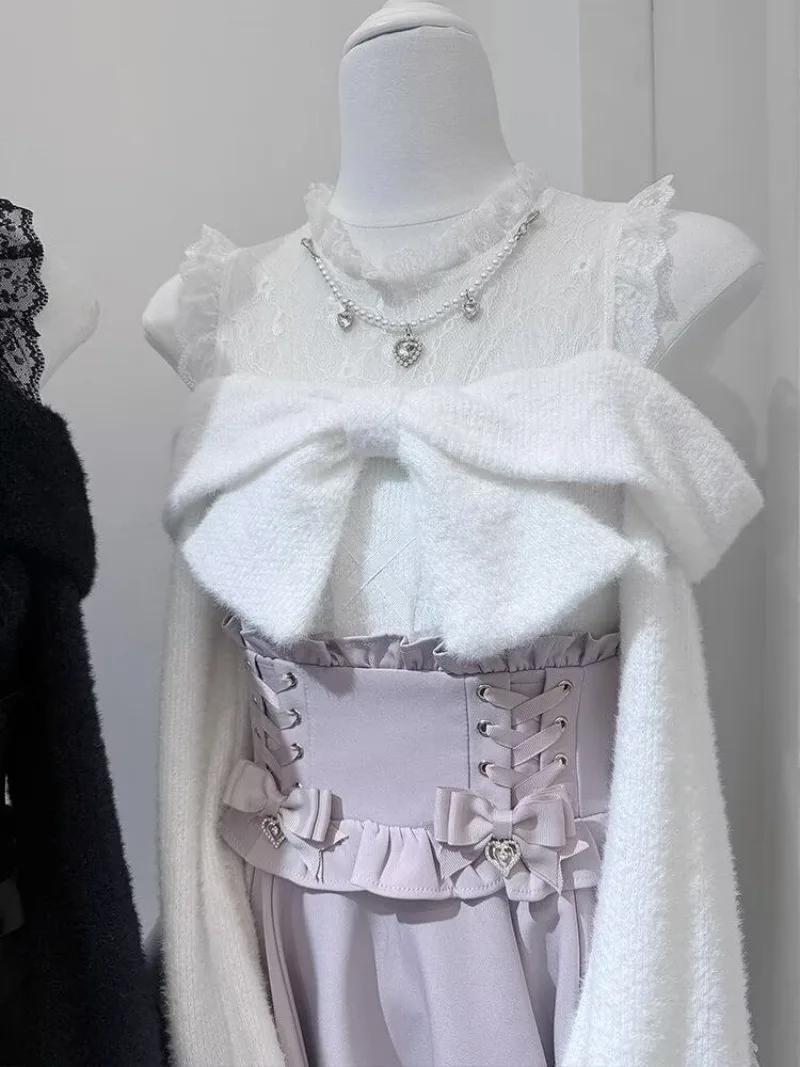 Japanese Cute Sweet Lolita Autumn/Winter New Skirt Sets Soft Girls Off The Shoulder Long Sleeve Bow Sweater+Skirts 2-piece Set image 5