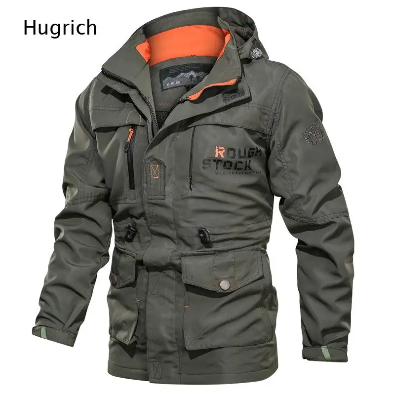 Men Army Green Detachable Hood Tactical Jacket Multi Pocket Windproof Outdoor Hiking Cargo Coat
