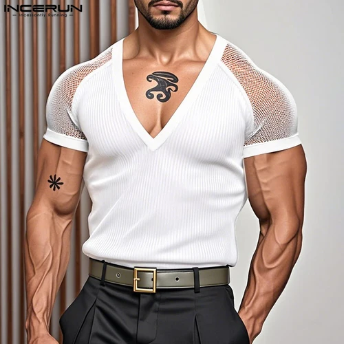 INCERUN, camiseta para hombre de malla de retales transparente con cuello en V, camisetas de manga corta para hombre, ropa de calle de verano 2025, ropa elegante para hombre
