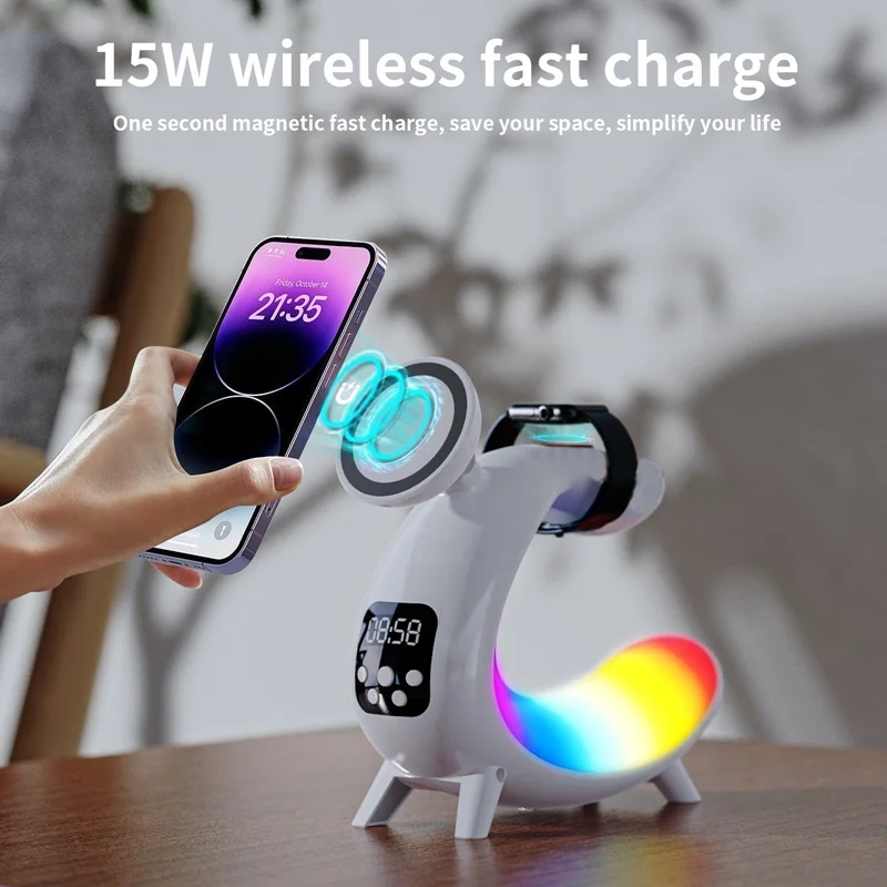 6IN1 Alarm Clock Magnetic Wireless Charger for Iphone 15 14 13 12 Airpods Night Light Speaker Fast Carregador for Apple Watch