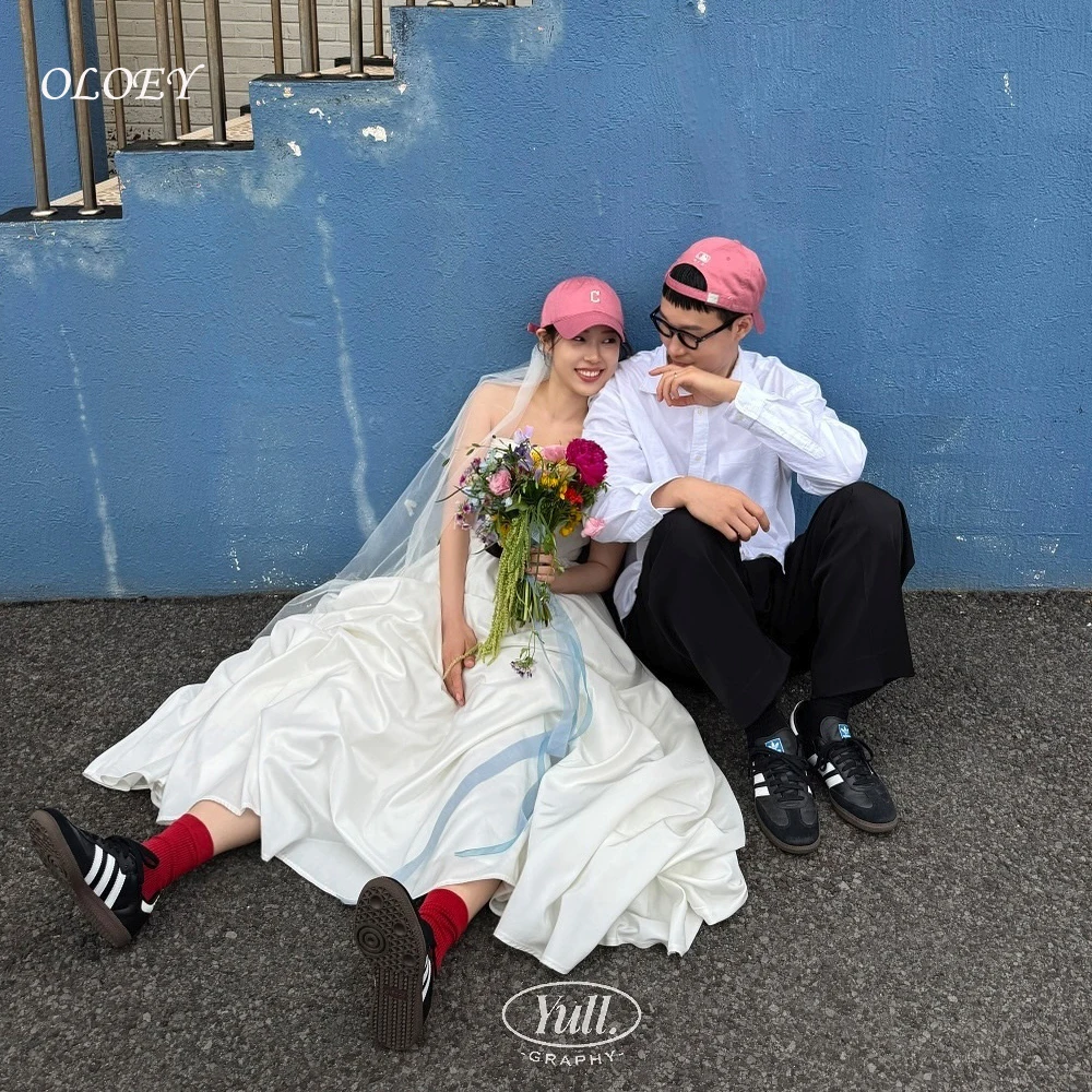 

OLOEY Elegant A-line Satin Lvory Wedding Party Dress Off Shoulder Pleat Bow Korea Photoshoot 웨딩드레스 Customized Prom Gown