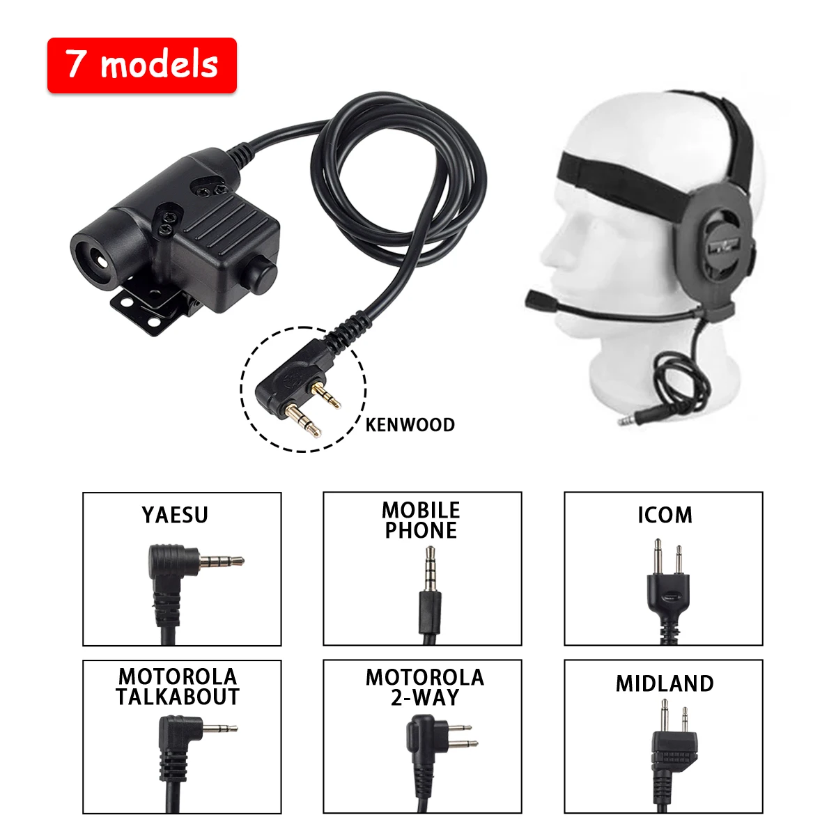 

Tactical PTT Headset Cable Plug ICOM/Kenwood/Motorola/Midland/Yaesu/Mobile Phone Interphone Communication Compatible Connector