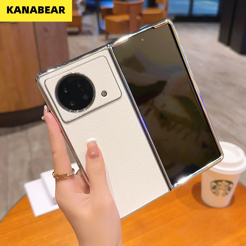 

Luxury Plated Silver Edge Leather Case For vivo X Fold2 / X Fold+ Litchi Texture Slim Lightweight Foldable Full Shockproof Cover