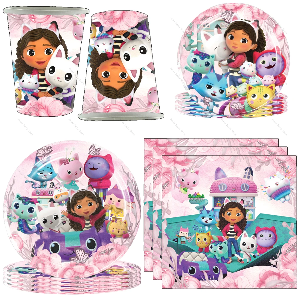 Gabby Dollhouse Birthday Party Decorations Disposable Paper Plate Cup Napinks Tableware Balloons Backdrop Baby Shower Supplies