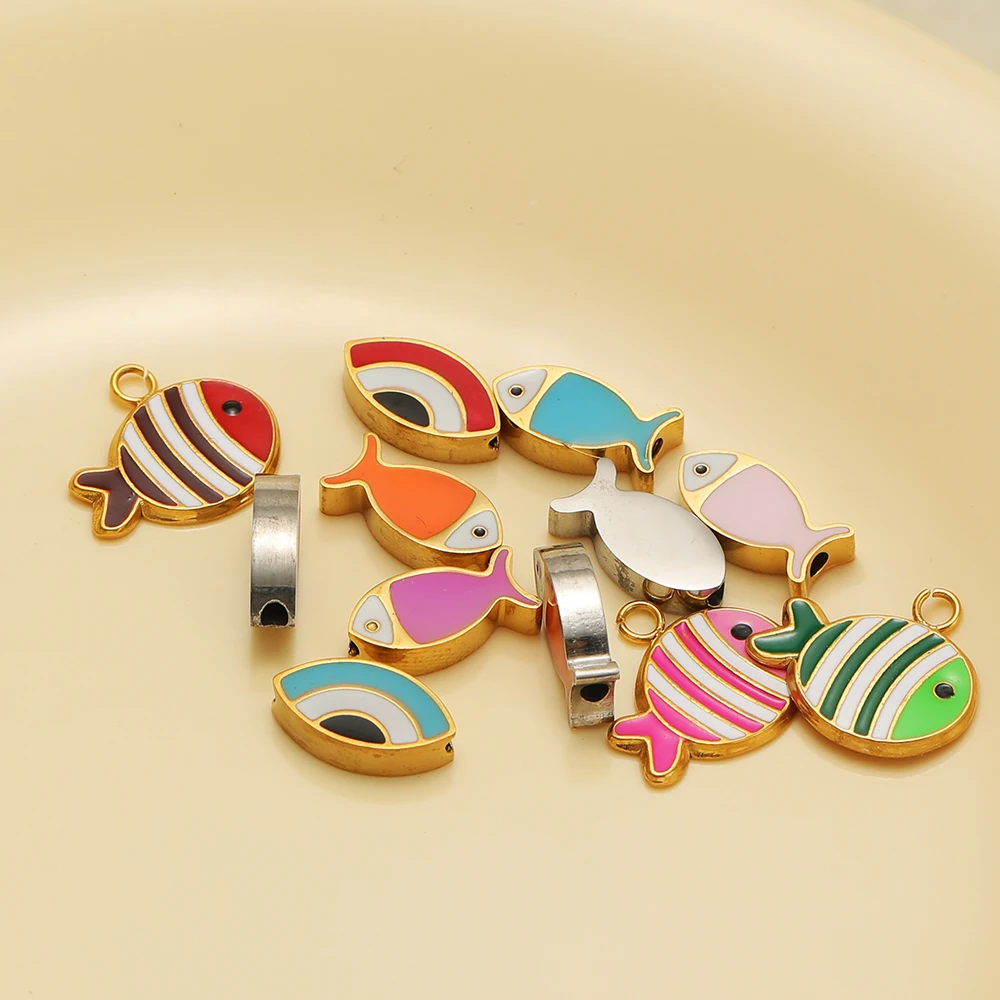 5 Stück Edelstahl Gold Emaille Fischperlen Anhänger für DIY Schmuckherstellung Armbandherstellung Kinder Halsketten Zubehör Großhandel – Detail 4