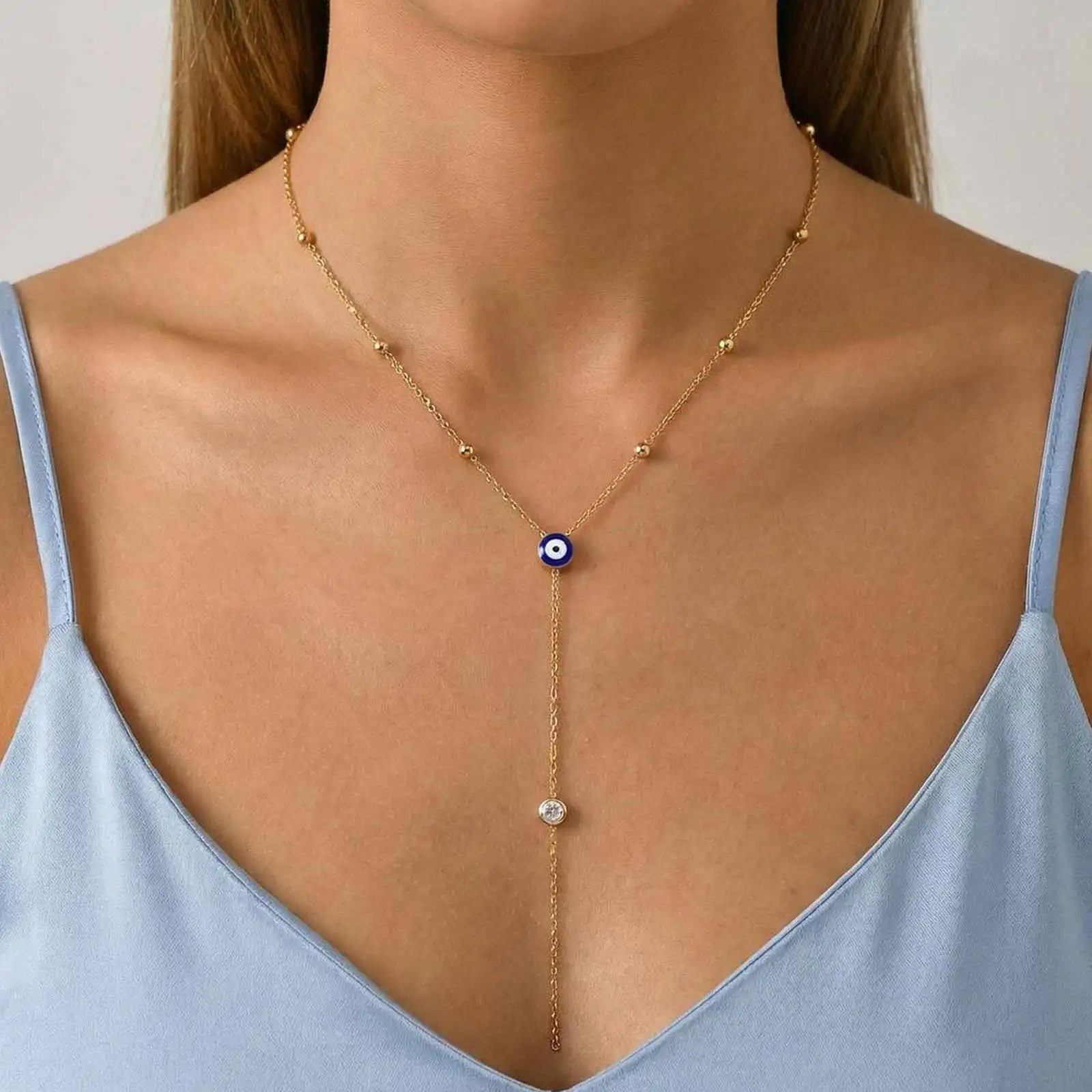 Evil Eye Y Necklace Gold Plated Stainless Steel Satellite Bead Chain Enamel Lucky Eye Lariat Jewelry Waterproof