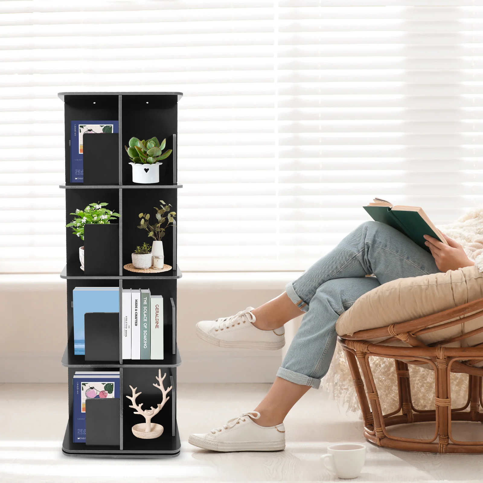 

360° Rotating Bookshelf 4-Tier Floor Bookcase Space Saving Corner Bookcase Modern Home Office Storage