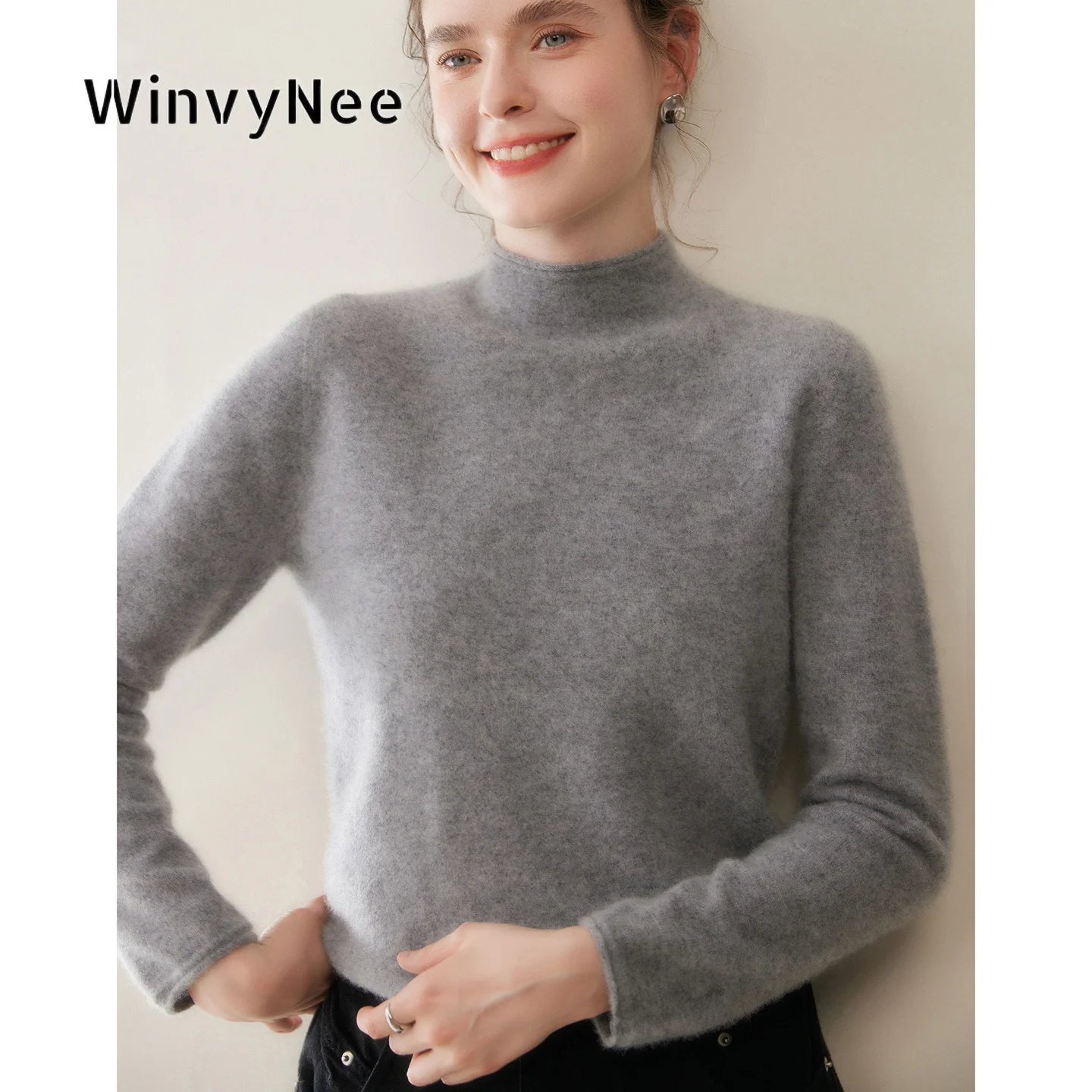 WinvyNee Women Solid Color Wool Cashmere Jumper Seamless Rolled Mock Neck Knitwear Casual Fashion Top Autumn Winter A1054047