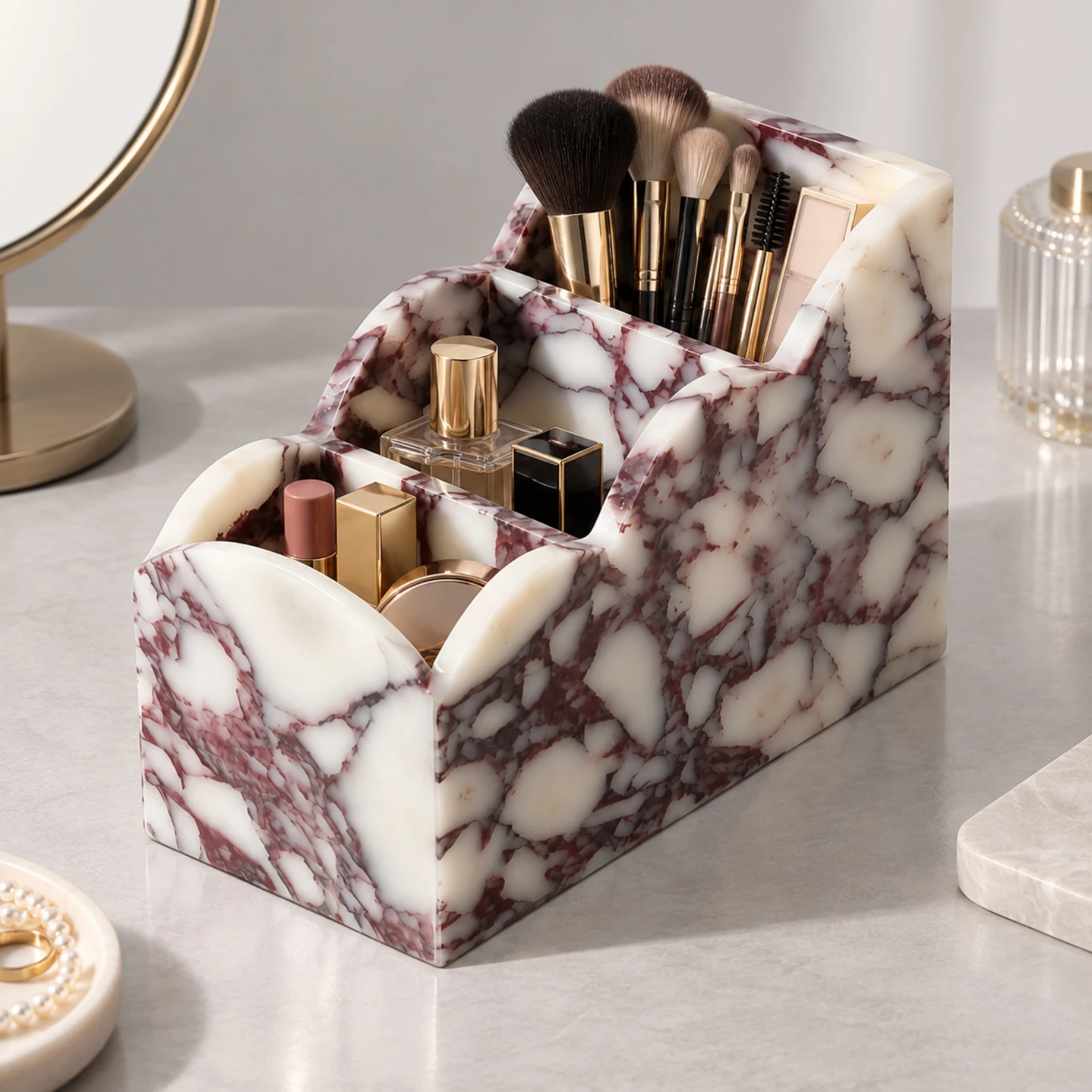 Marble Cosmetic Storage Box Solid Marble Vanity Organizer with Stepped Compartments Space-Saving Easy to Clean