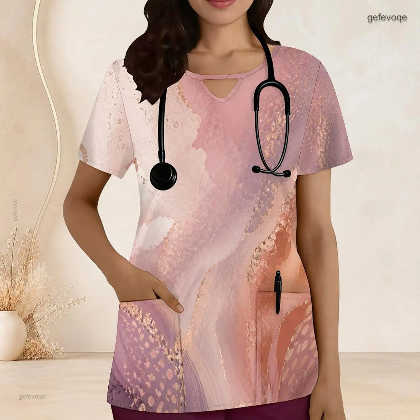Printed Scrub Top for Women Keyhole Neck Short Sleeve Front Pockets