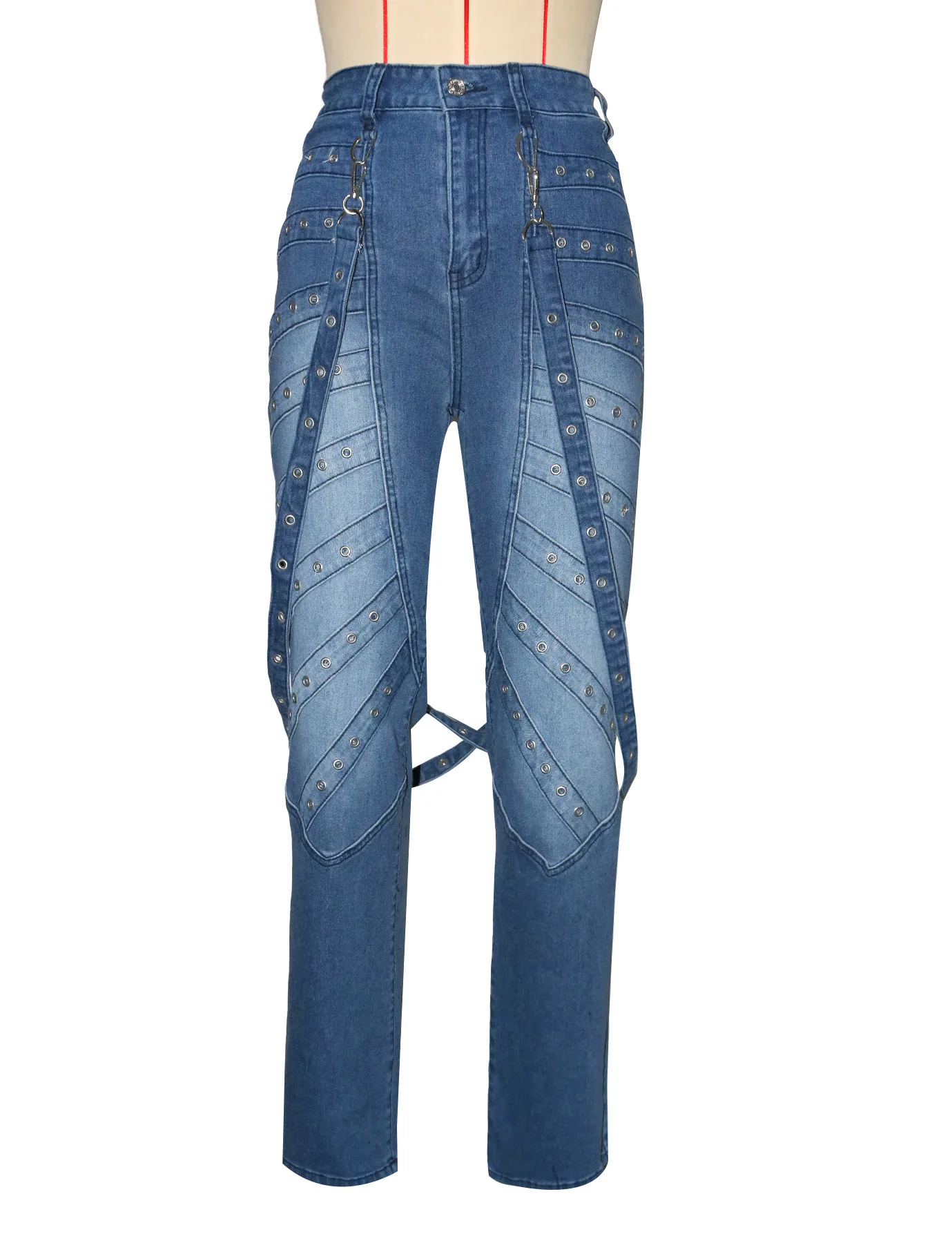 2025 Estate Donna Moda Rivetti in metallo Pantaloni in denim blu Streetwear INS Safari Style Cargo Hip Hop Jeans dritti