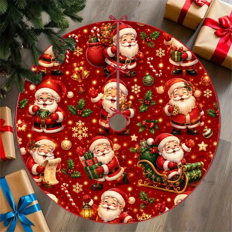 VIKAMA Santa Claus Christmas Tree Skirt,Round Non‑Slip Floor Mat,Gift Box Sleigh Snowflake Xmas Carpet for Holiday Home Decor