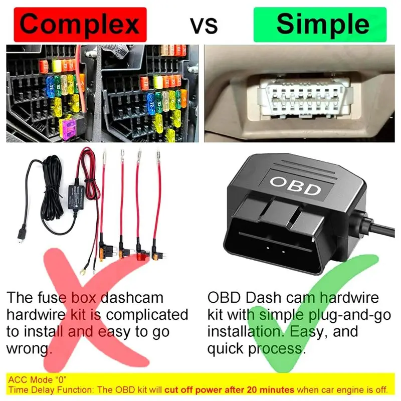 Reliable-Dash Cam Hardwire Kit USB C With OBD Power Cable, Low Voltage Protection, 24H Parking Surveillance