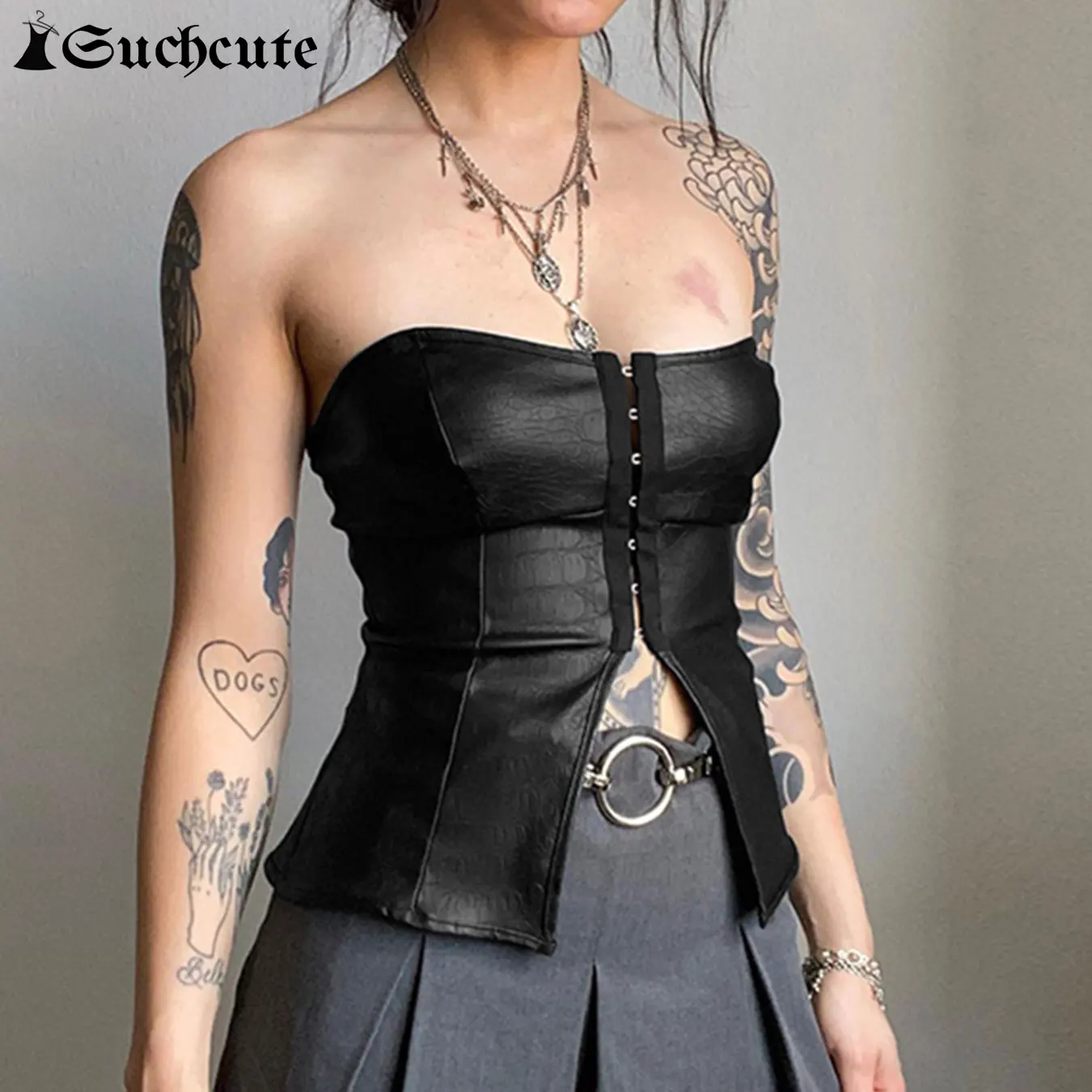 SUCHCUTE Gothic Black Tube Top Vintage Single-breasted PU Leather Corset Top Sleeveless Slim Aesthetic 2000s Couquette Clothes