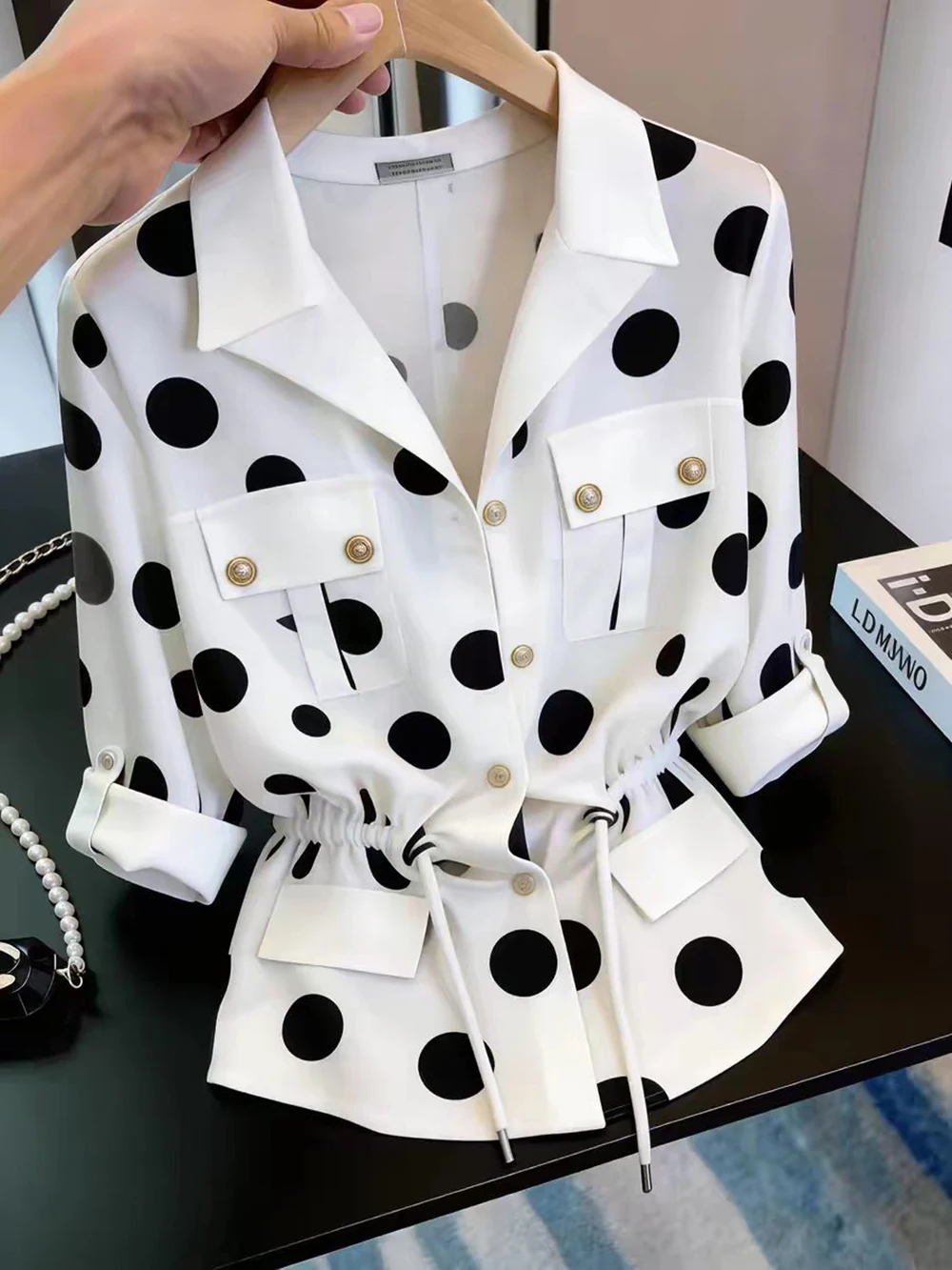 Women Polka Dots Print Shirts 2026 New Trendy Slim Waist Drawstring Blouse Gold Buttons Roll-Up Sleeve Shirt for Office Lady - view 3