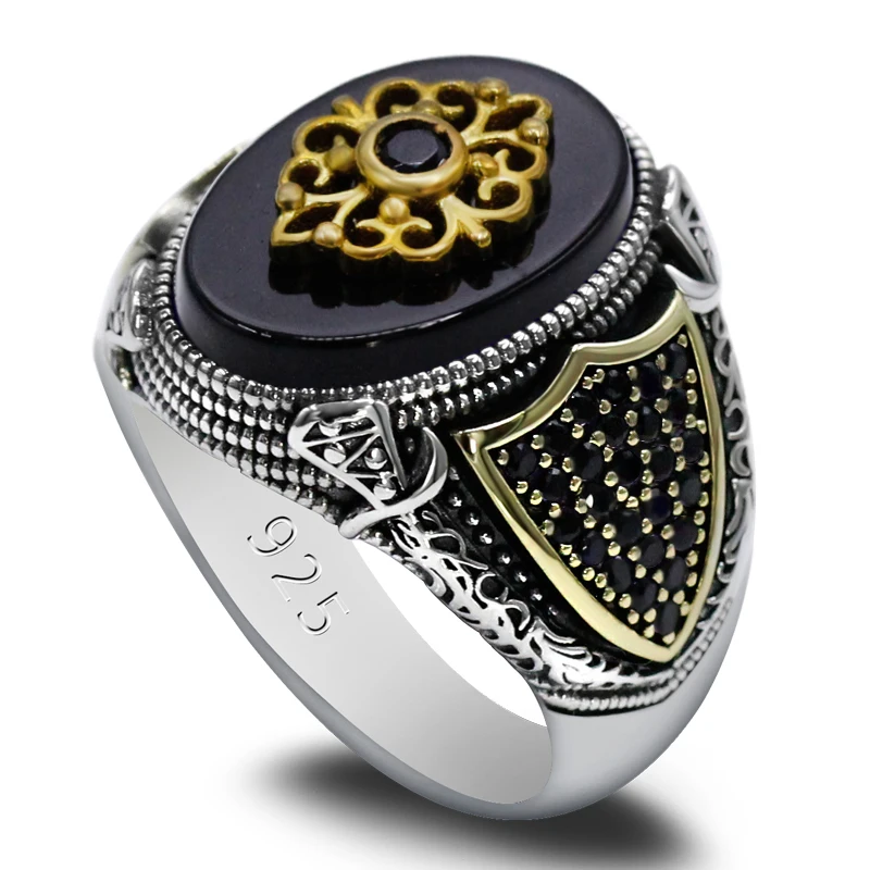 

S925 Silver Antique Türkiye Natural Black Agate Men's Handmade Ring Religious Women Punk Luxury Jewelry Gift