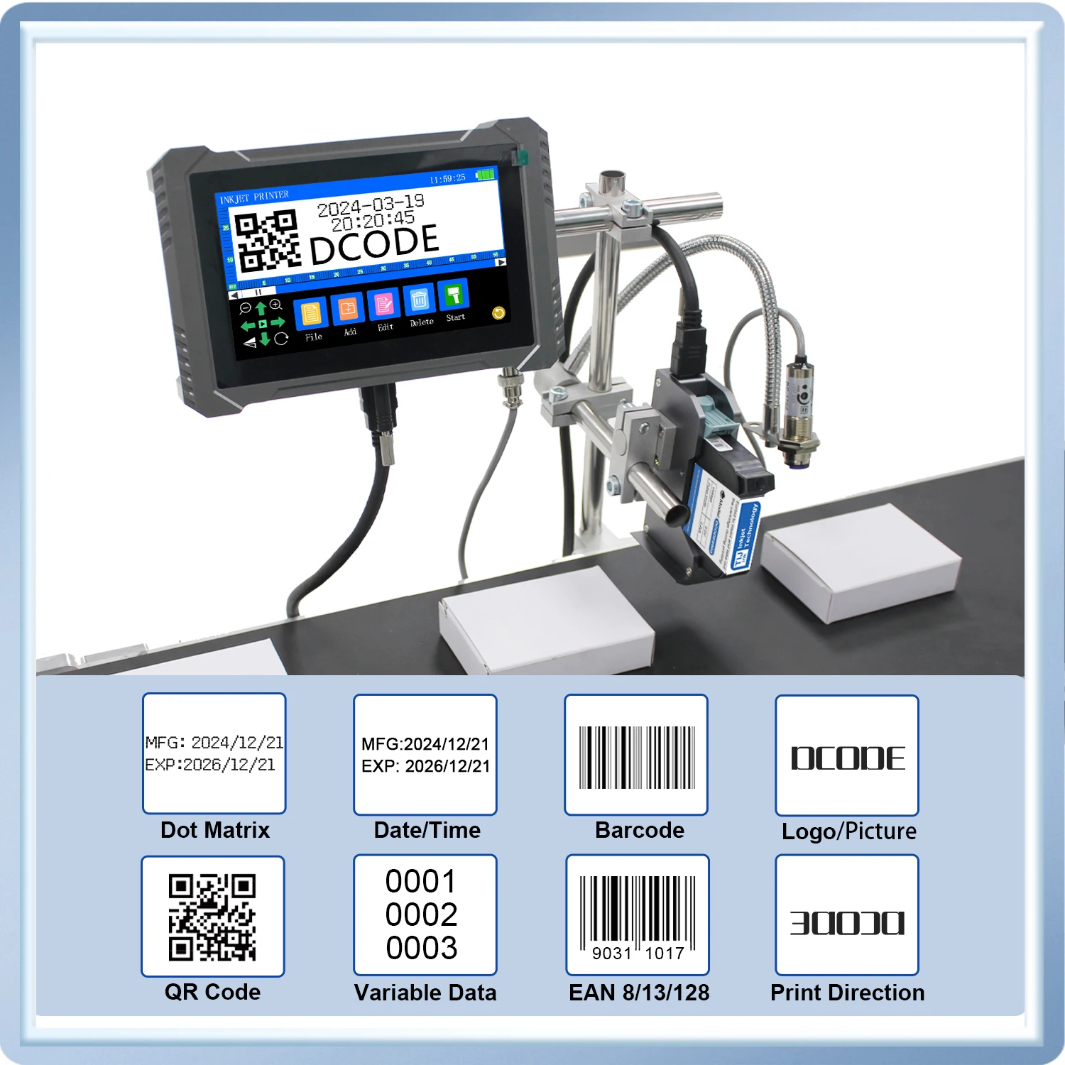 DCODE U7PLUS Online Inkjet Printer 12.7/25.4mm Nozzle Industrial Thermal Inkjet Printer Logo Expire Date Text QR Code Barcode