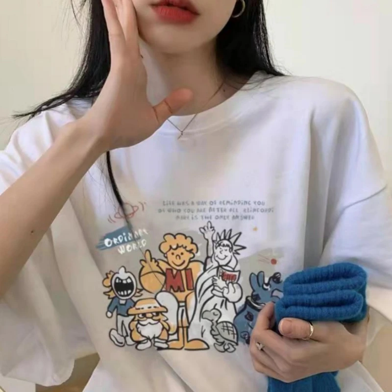 Fashion Vintage Short-Sleeved T-Shirt Women Summer Loose Chic Hong Kong Style Half-Sleeve Blouse Cute Cartoon Print Oversize Top