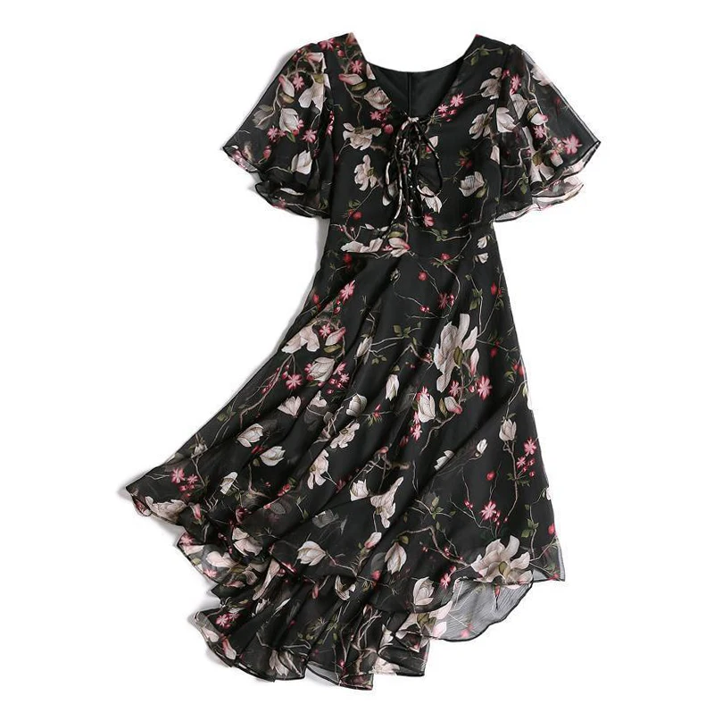 Women floral Chiffon Flower Dress 2024 trends new in Ladies Elegant V Neck short Sleeve korean style Summer Dress Female Clothes