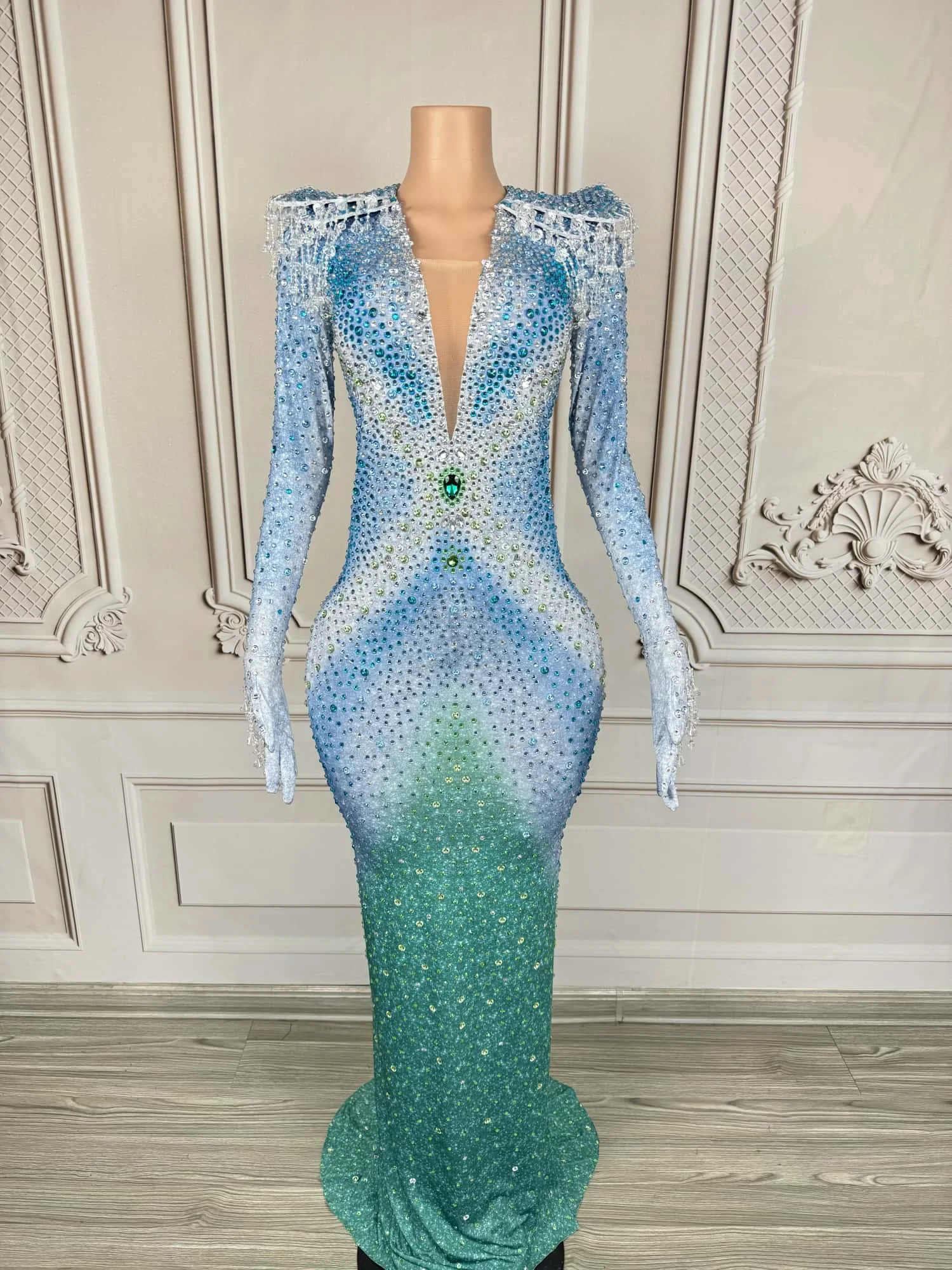 Feicui Womens Luxury Blue Green Gradient Rhinestone Maxi Dress Long Sleeve Bodycon Formal Evening Party Prom Gown With Gloves