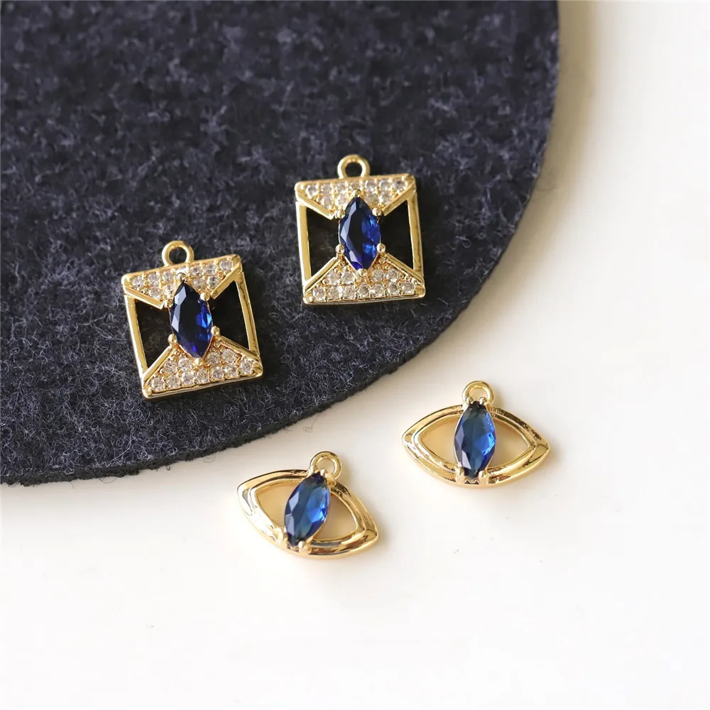 Copper-plated Real Gold Slightly Inlaid Zircon Mysterious Blue Eyes Rectangular Pendant DIY Bracelet Handmade Charm Accessories