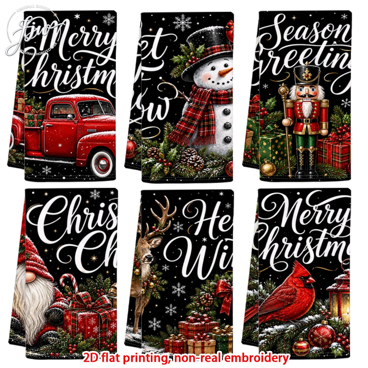 6pcs Christmas Kitchen Towels Vintage Holiday Towels with Snowman Truck Nutcracker and Winter Wildlife for Xmas Decor