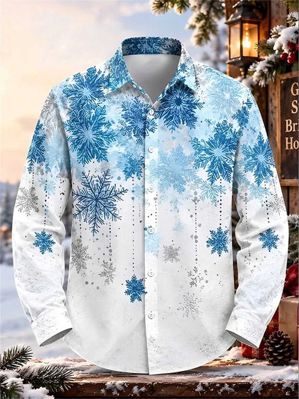 2026 New Men Christmas Shirt Snowflake 3D Print Long Sleeve Lapel Button Down Shirts Casual Loose Winter Xmas Holiday Party