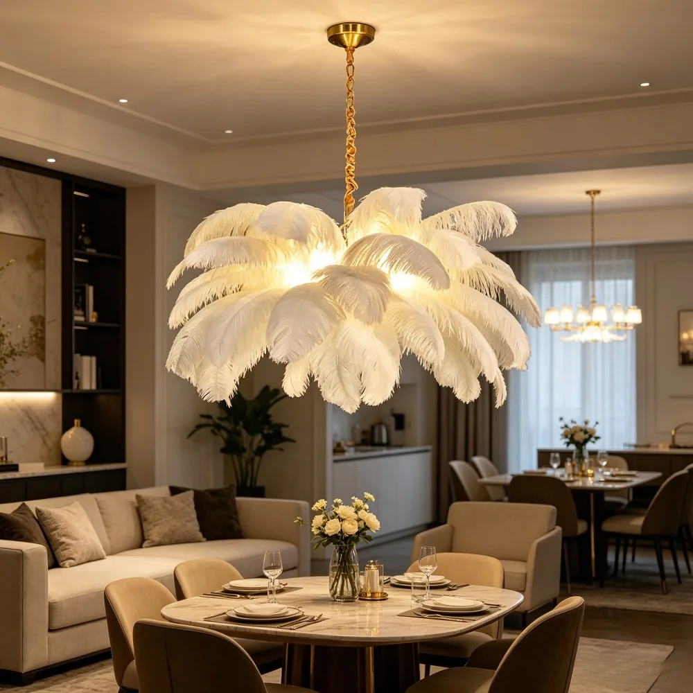 Modern Nordic Ostrich Feather Led Pendant Lights Living Dining Bedroom Home Decor Chandelier Lamps Indoor Lighting Light Fixture