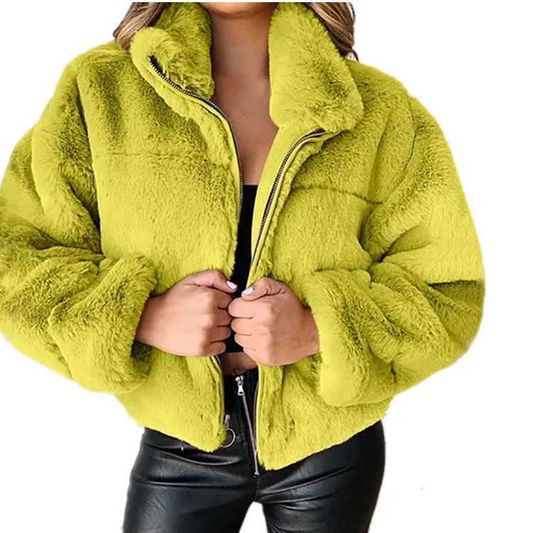 Chaqueta cálida de invierno 2025 para mujer, cárdigan con cremallera, piel sintética, moda, manga larga, cuello levantado, abrigo de felpa para mujer