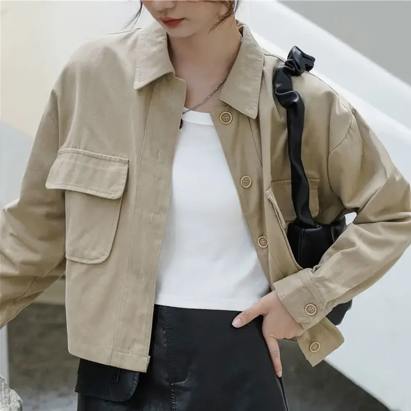 

Basic Jackets Women Turn-down Collar Crop Design Simple Casual Outerwear BF Korean All-match Spring Autumn New Arrivals Chic OL