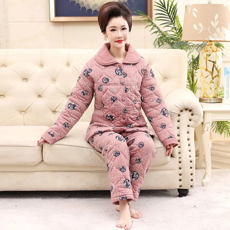 Plaid Pajamas Women Winter Warm Suits Coral Fleece Three-Layer Quilted Mid-Aged Mother Thicken Flannel Warm Jacket Home Service