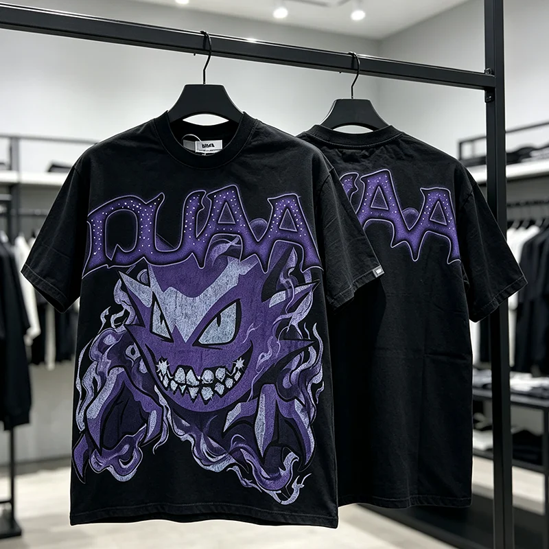 DUAA Men Women Purple Ghost Monster Smoke Print Washed Black Loose Short Sleeve Tee