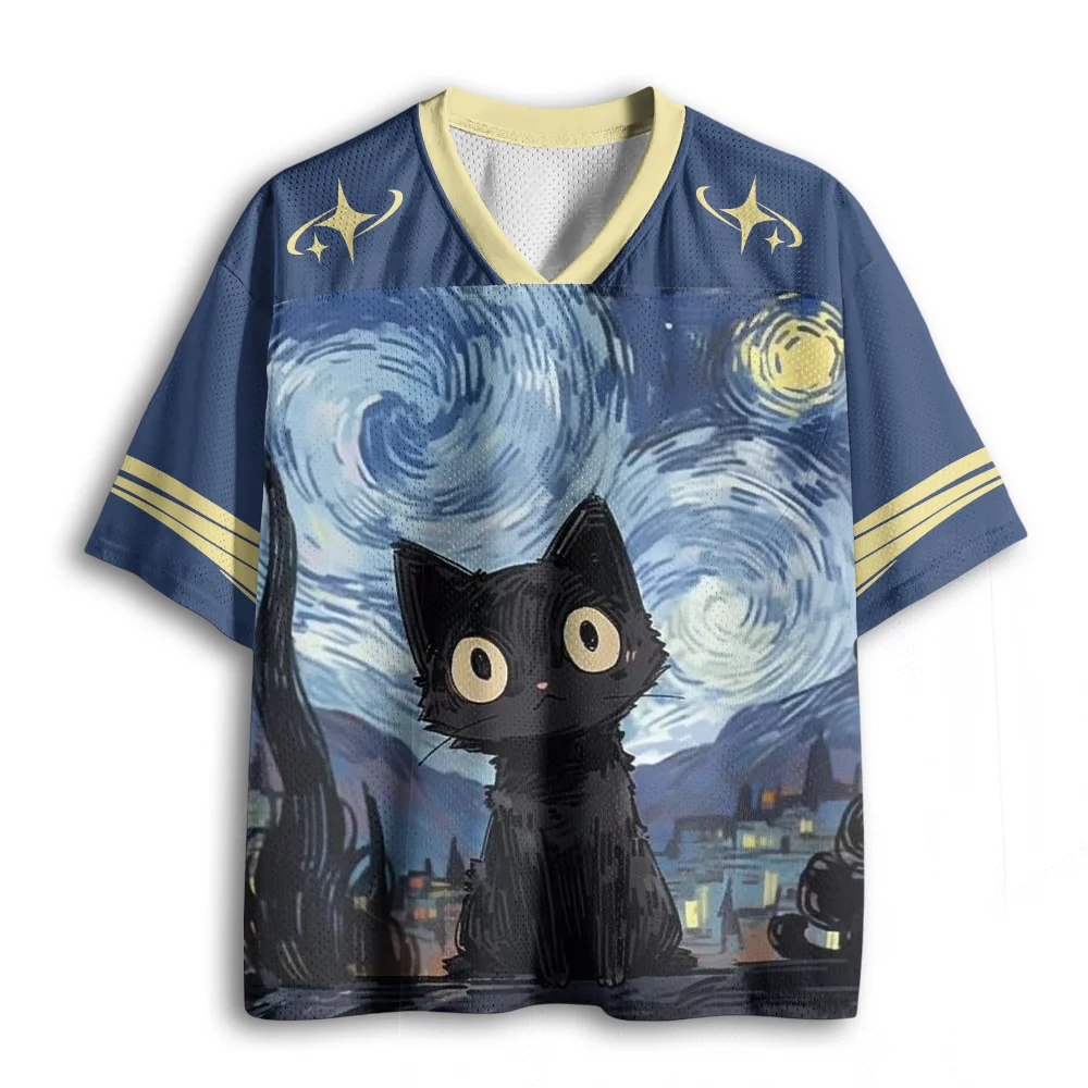 Starry Night Black Cat Graphic Mesh Jersey, Van Gogh Art Print V Neck Short Sleeve Casual Sports Top
