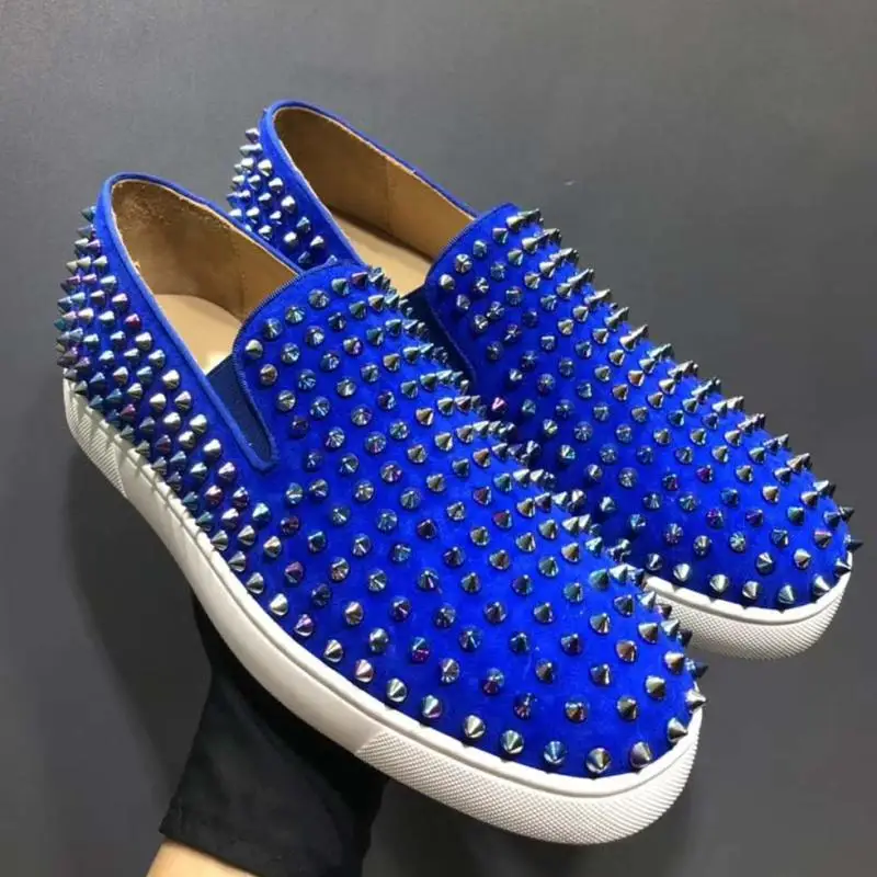 

Summer Blue Suede Shoes Full Spikes Loafers Casual Flats Slip On Designer Sneakers Rivet Shoes For Men With Free Shipping