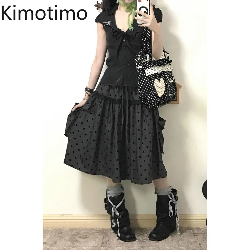 

Kimotimo, серая юбка с принтом в горошек, женская винтажная Y2k, эстетические карманные трапециевидные юбки средней длины, готическая мода, универсальные Faldas