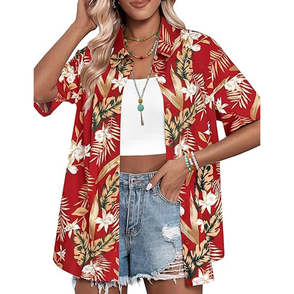 Coconut Tree Print Women\'s Short Sleeve Single Breasted Shirt Casual Hawaiian Style Short Sleeve Top Lapel Button Shirts Summer