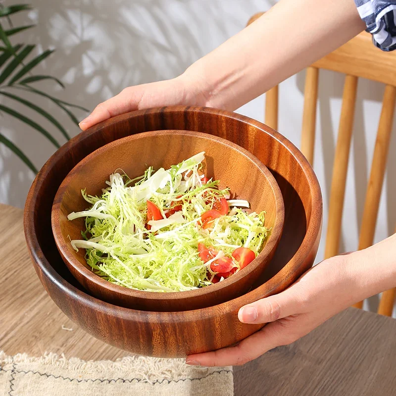 Household Solid Wood Bowl Japanese Acacia Wood Salad Mixing Wooden Basin Kneading Solid Wood Bowl Wooden Tableware Ramen Bowl